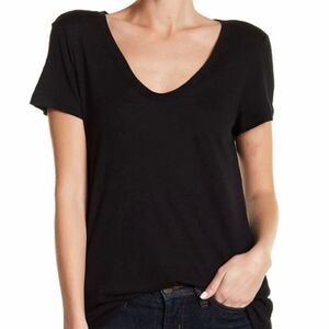 Susina Cotton Modal Pocket Tee Shirt (L) Black Slub Scoop Neck Relaxed Fit